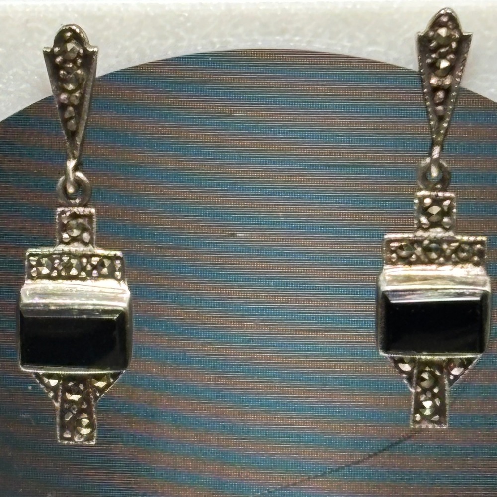 Vintage Black Onyx Marcasite 925 Sterling Silver Art Deco Drop Earrings